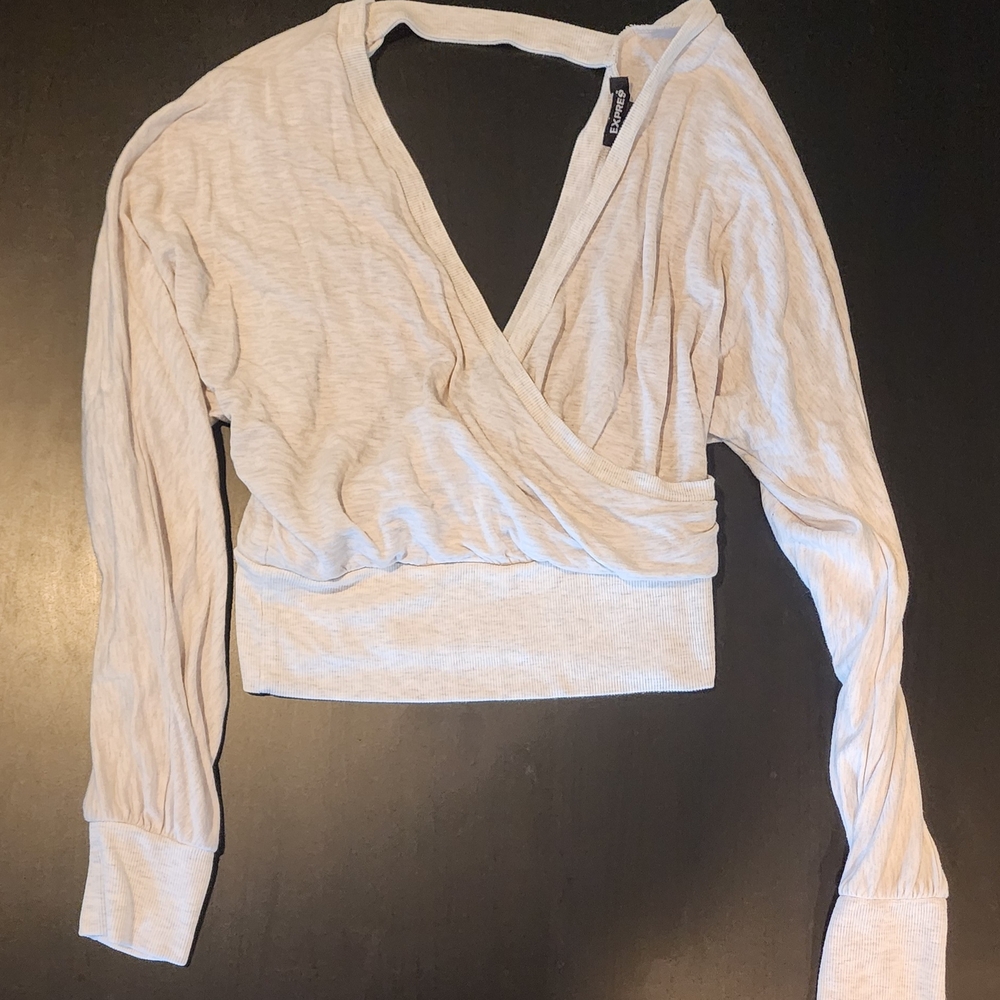Express Cream Ribbed Wrap Blouse with Cuffed Sleeves